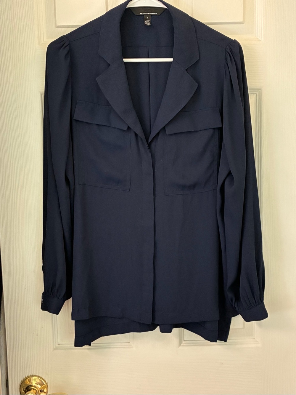 White House Black Market Navy Blouse with Notched Collar Small